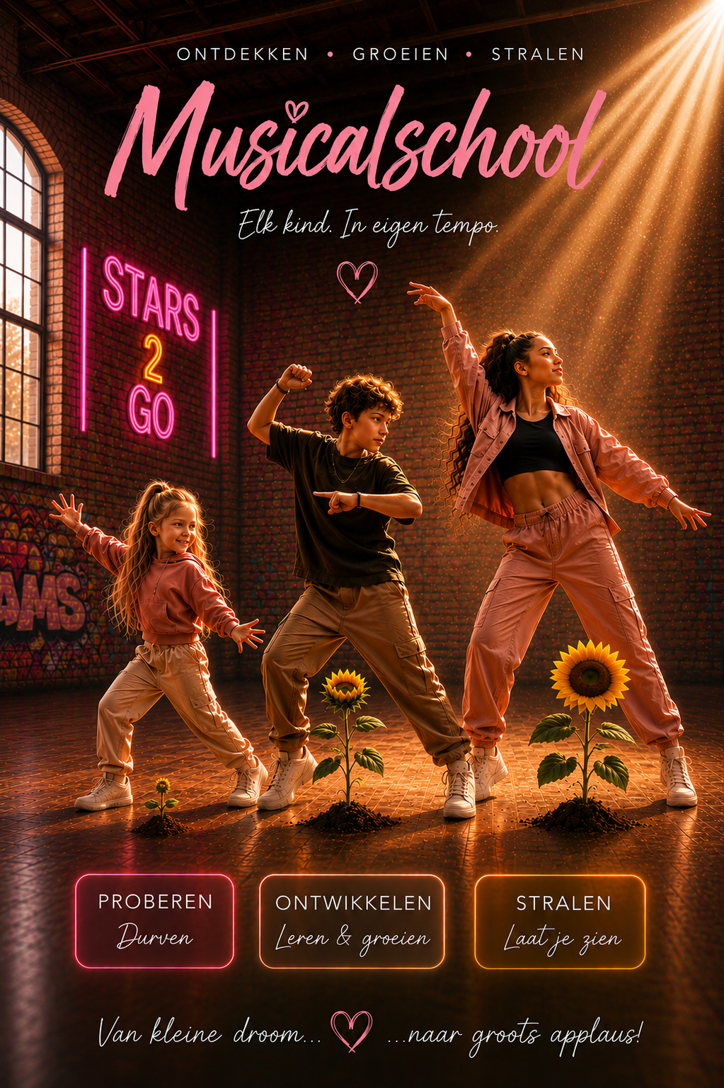 Drie kinderen van musicalschool Stars2Go, vrolijk en zelfverzekerd